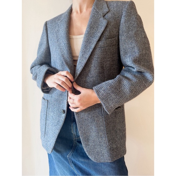 harris tweed Jackets & Blazers - VINTAGE HARRIS TWEED WOOL BLAZER HOUNDSTOOTH GRAY BLUE HAND WOVEN LUXURY S M